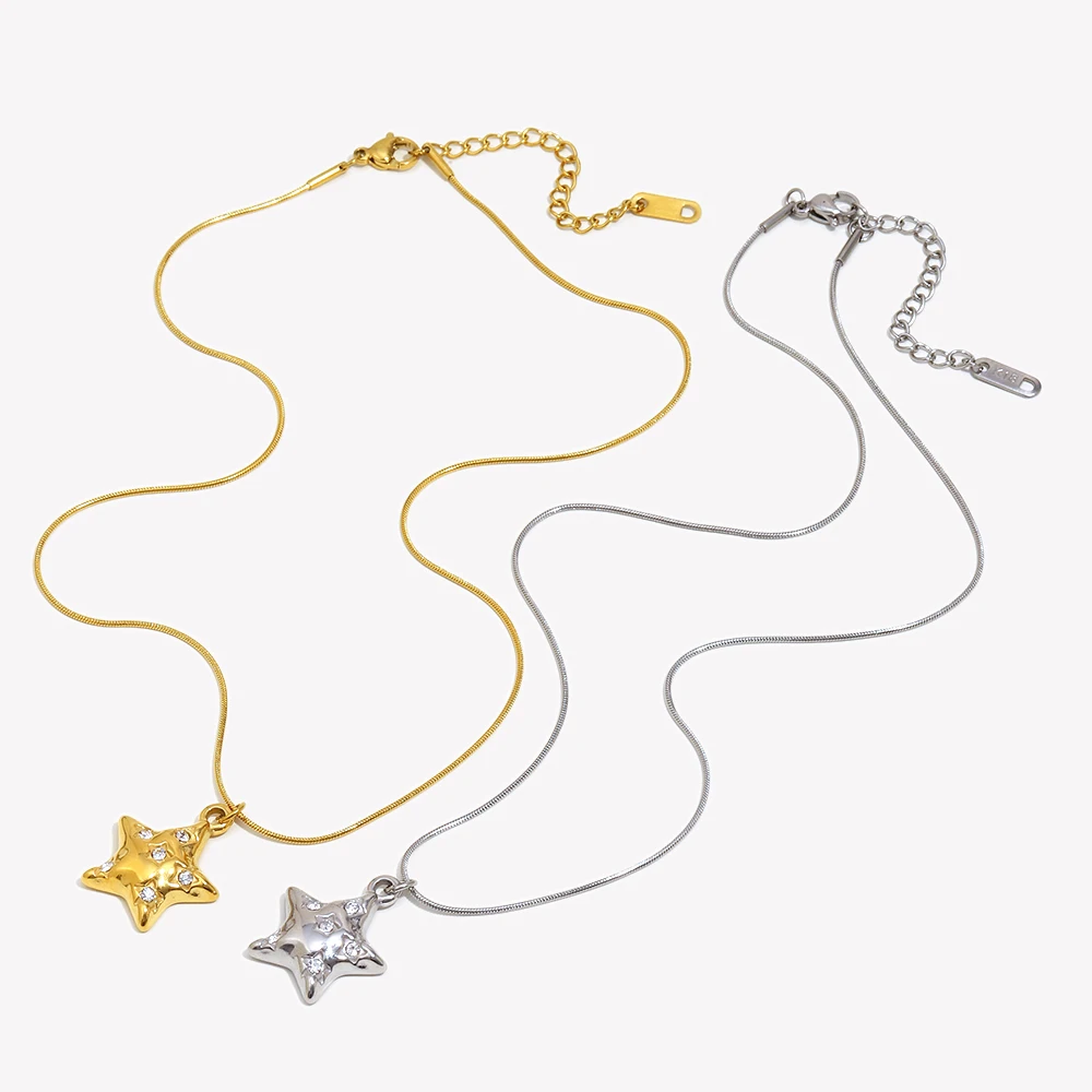 E.B.belle Gold Color Rhinestone Cute Star Pendant Necklace Stainless Steel 18K Gold Plated Women's Party Neck Jewelry Gifts
