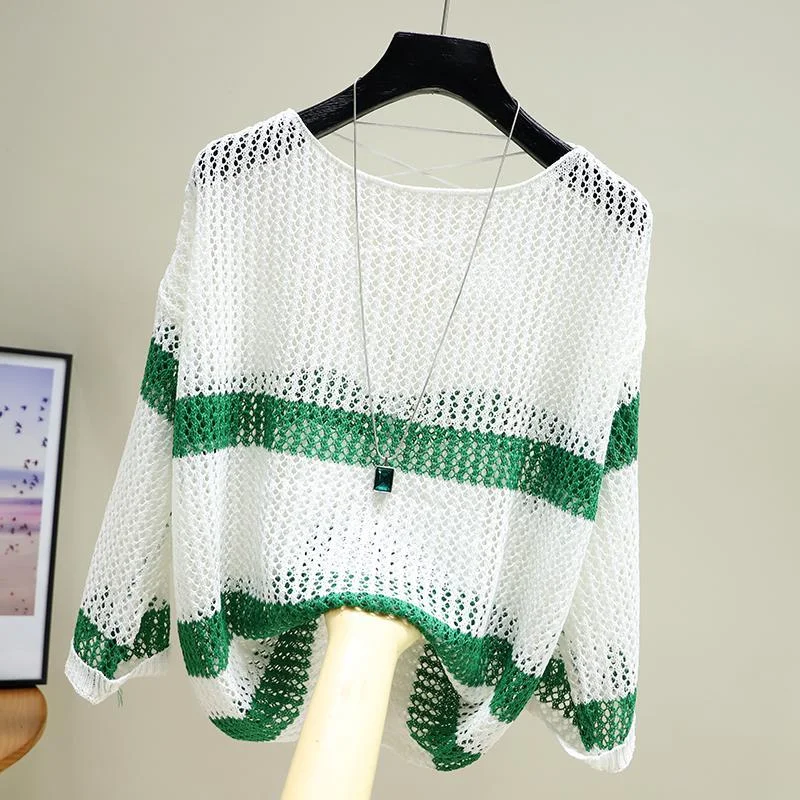 

2023 Spring Summer New Top Small Fresh Versatile Hollow Out Contrast Stripes Loose Thin Knitwear Insert Women Trend