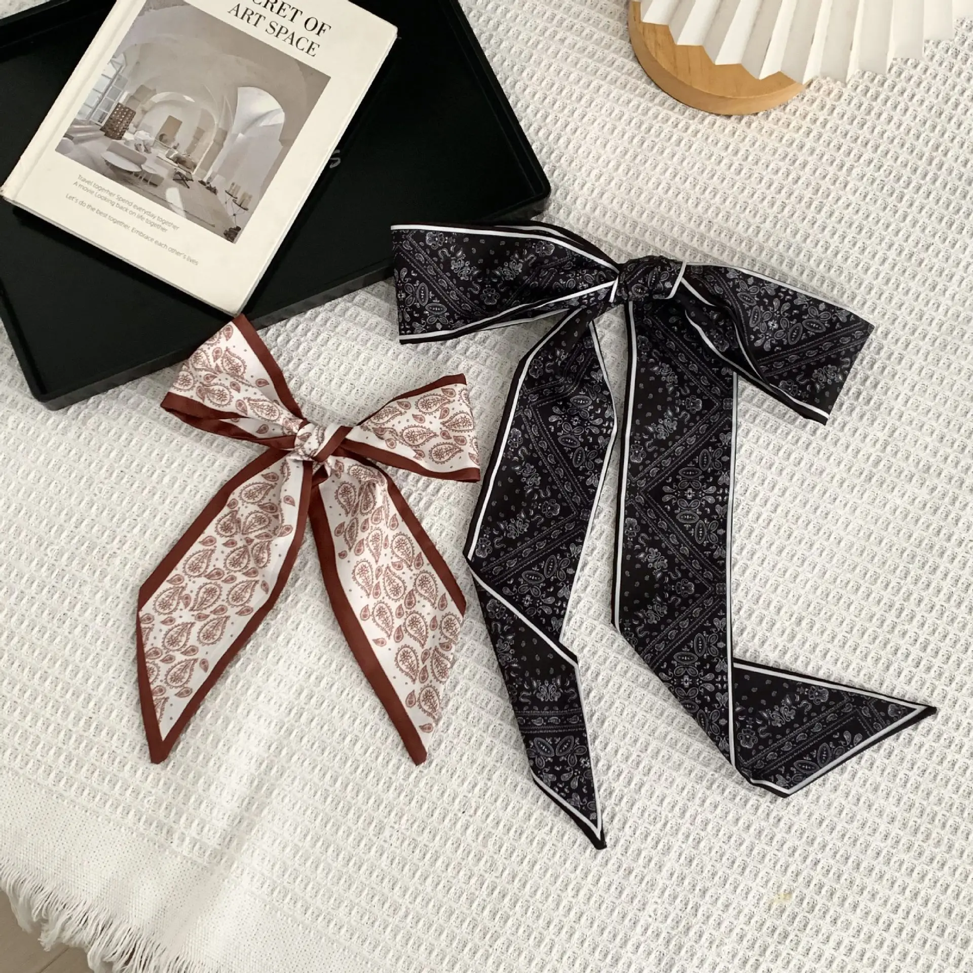

Elegant Retro Long Paisley Silk Scarf Women Autumn Winter Diagonal Ribbon Head Hair Tie Neck Wrap Khaki Lightweight