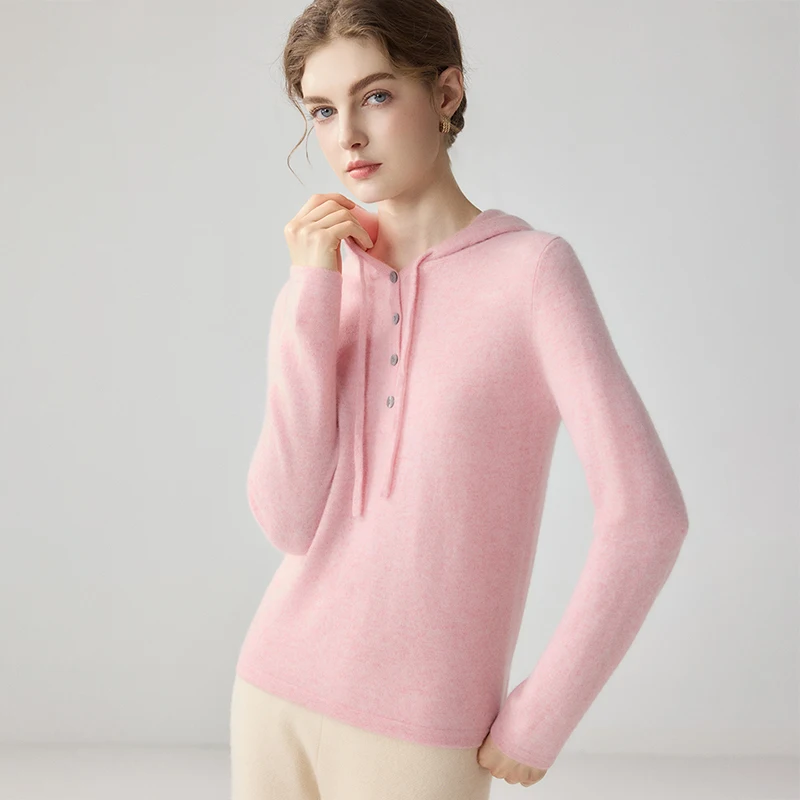 Autumn Winter New Arrival Women's 100% Cashmere Pullover Sweater Hooded Collar Drawstring Detail elegant Long Sleeve Knit Top
