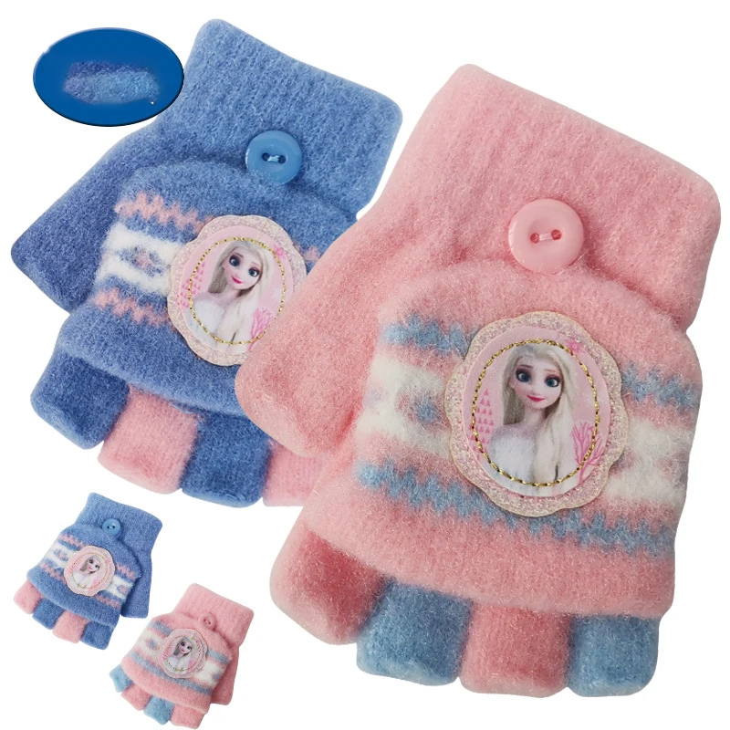 New Elsa Princess Gloves Cartoon Five-Finger Flip-Top Kids' Gloves Winter Warmth Girls' Cute Gift 3-10 years old