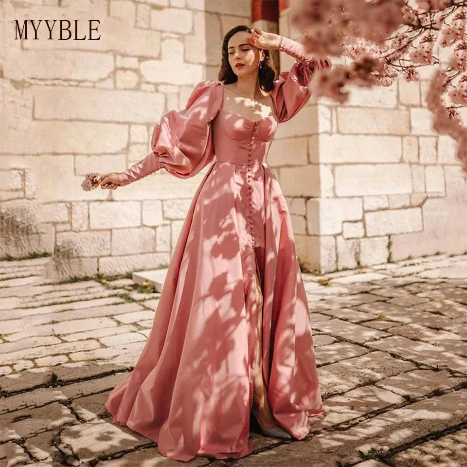 

2023 Elegant A Line Pink Taffeta Evening Dresses Puff Long Sleeves Sweetheart Buttons Slit Prom Special Occasion Gown