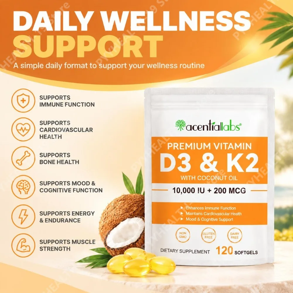Vitamin D3 10,000 IU & K2 200 mcg Softgels Supports Calcium Absorption Strong Bones & Immune Function with Coconut Oil 120 Count