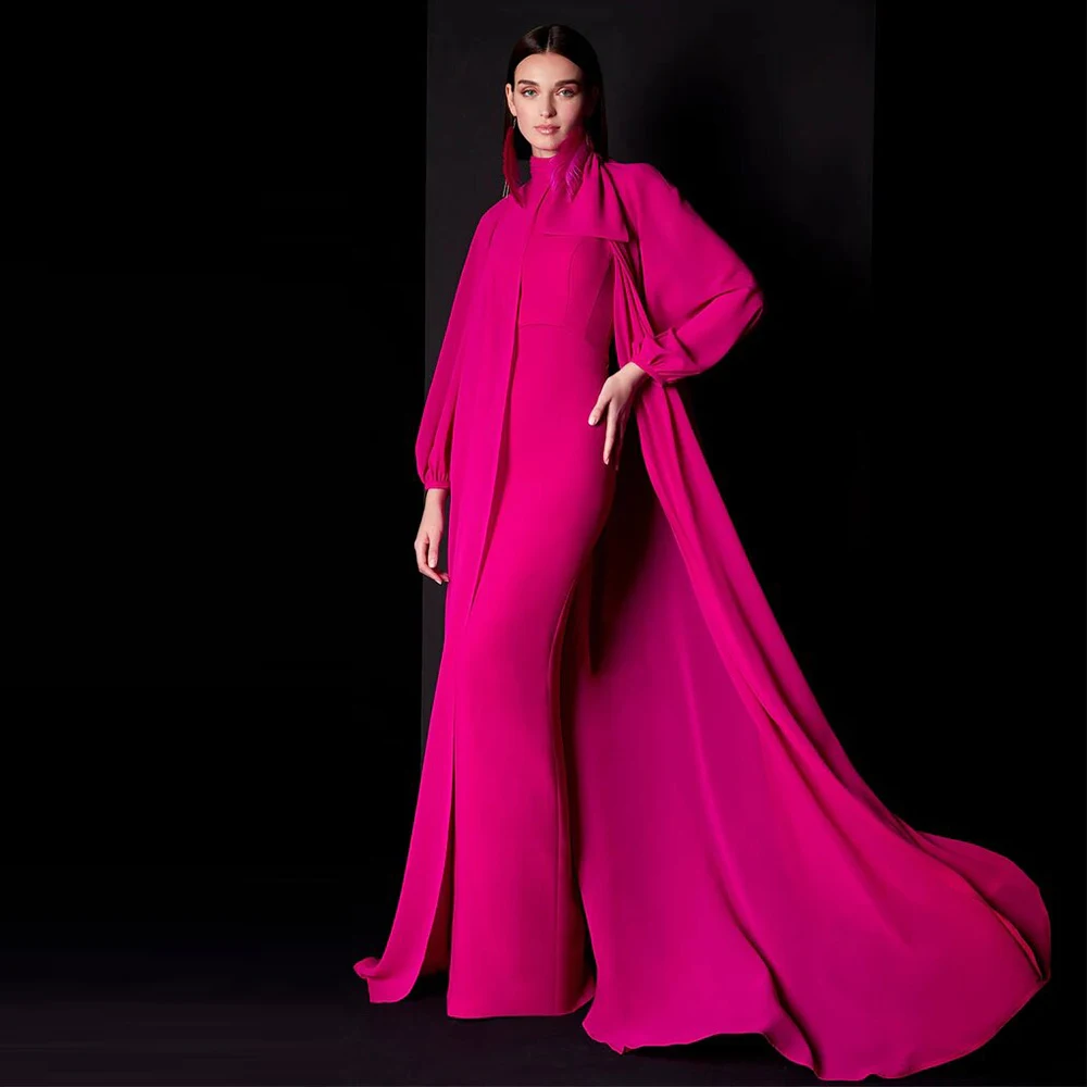 Luxury Wedding Party Dresses for Women 2024 Fuchsia Formal Evening Gowns Mermaid O Neck Trumpet Elegant Prom Dress with Cape