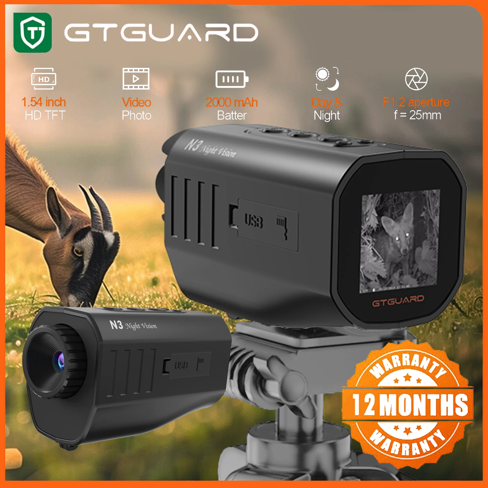 

Монокуляр ночного видения GTGUARD N3 с 5-кратным цифровым зумом, охотничий телескоп, инфракрасная камера 1080P HD для поиска на улице в полной темноте