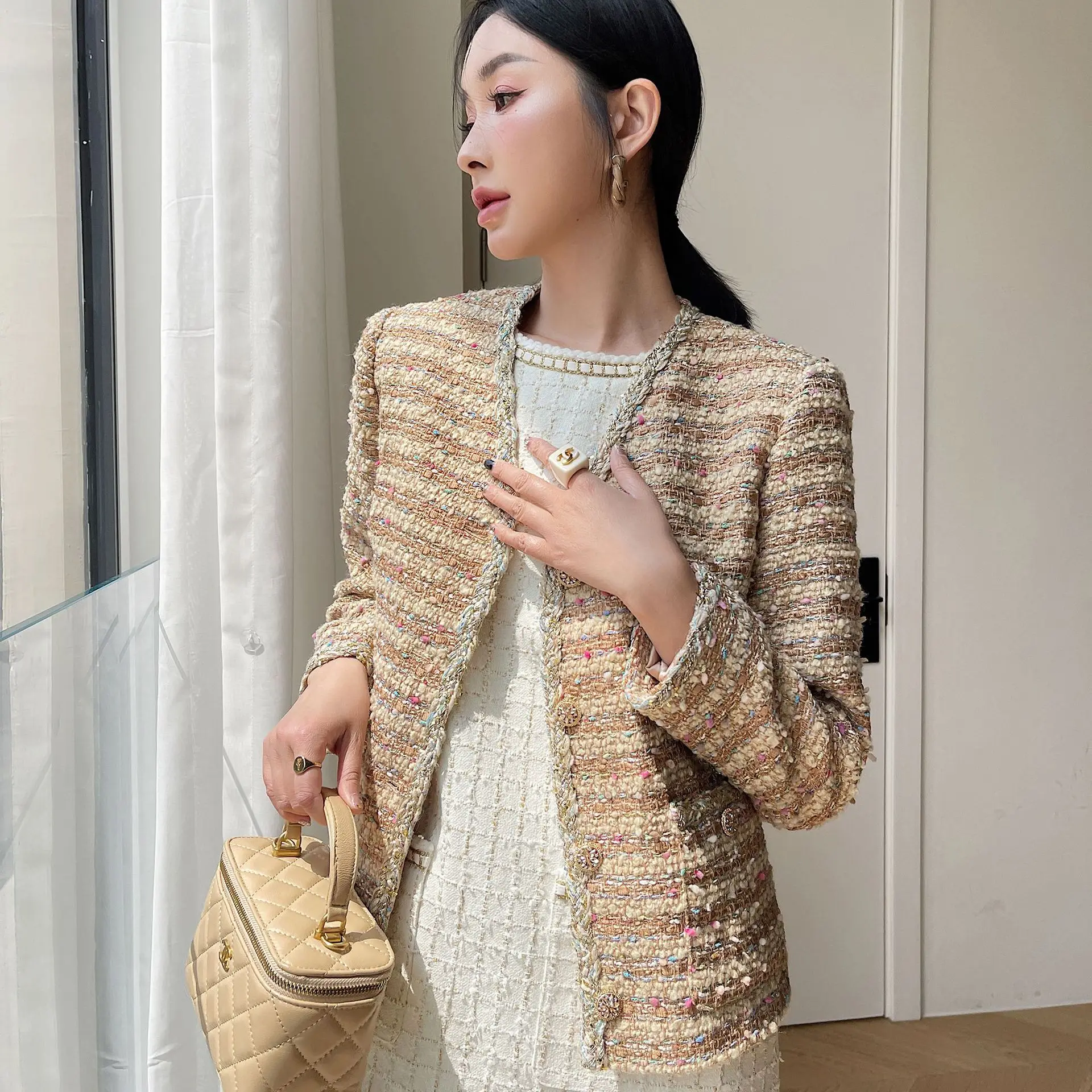 Lurex Woven Tweed Jacket for Women, French Small, Fragrant, Gold Wool, Blended Stripe, Thread, New, Autumn, 2023