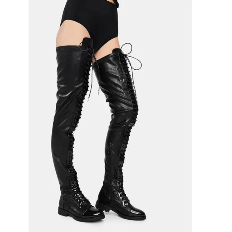 

Sexy Cross-tie Over Knee Boots Round Toe Low Square Heels Black Leather Boots Woman Flat Heel Knight High Botas