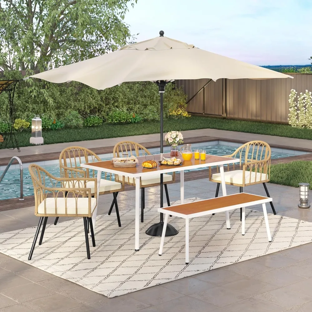 

6-Piece Outdoor Patio Dining Set with Rattan Wicker Chairs, Table, and Bench for Six Guests, Sectional Conversation Area