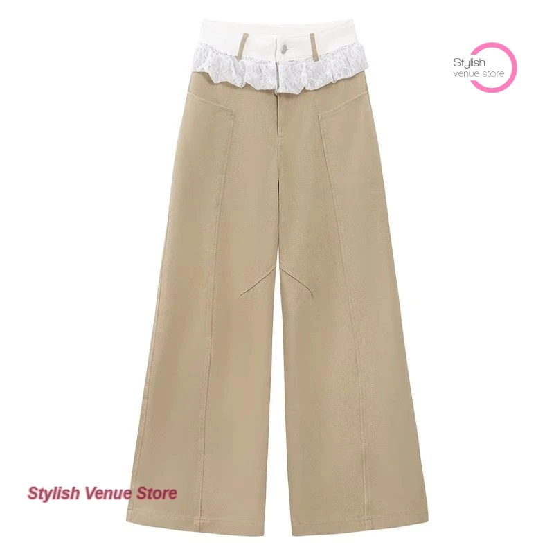 Summer new khaki lace stitching jeans female French fashion temperament high waist slim high waist design wide-leg pants.