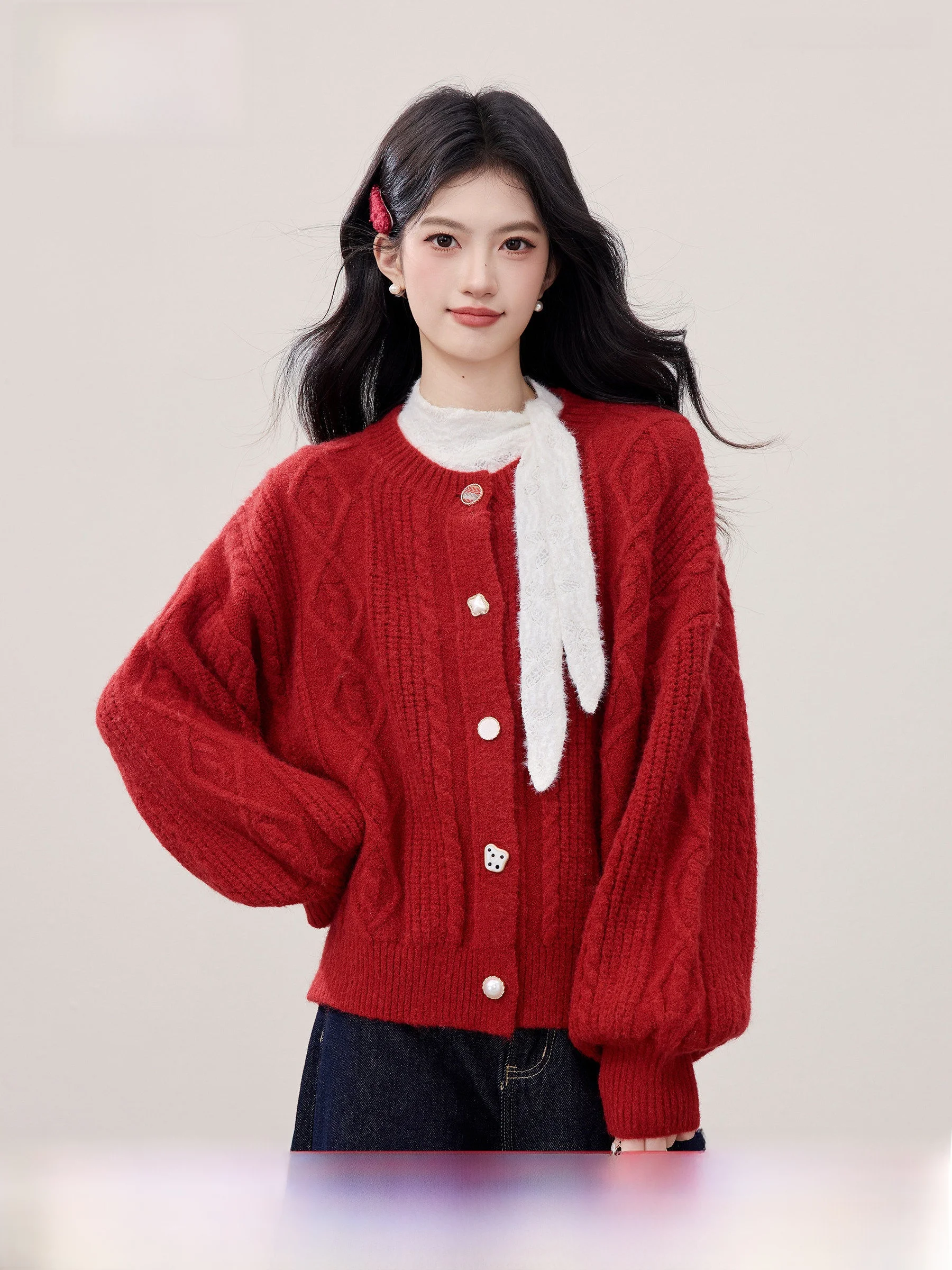 

Мягкий красный вязаный кардиган Lingjiu для женщин, зимний свободный свитер-пальто, новогодний повседневный милый модный образ