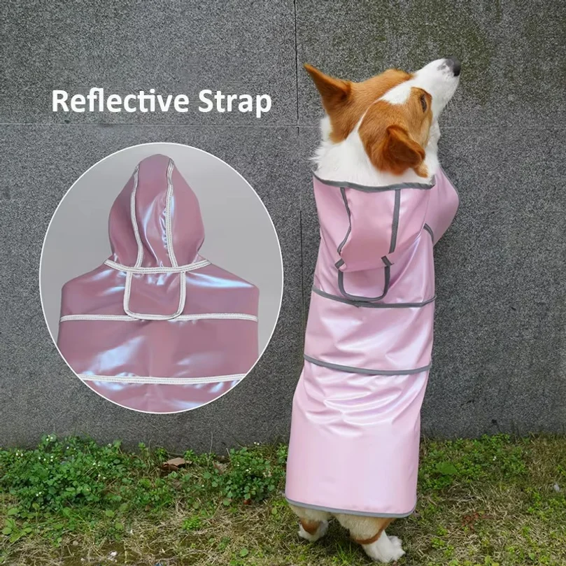Pink Reflective Dog Raincoat with Hood, PU Waterproof Slicker Poncho for Small Medium Large Dogs, Outdoor Waterproof Dog Jacket