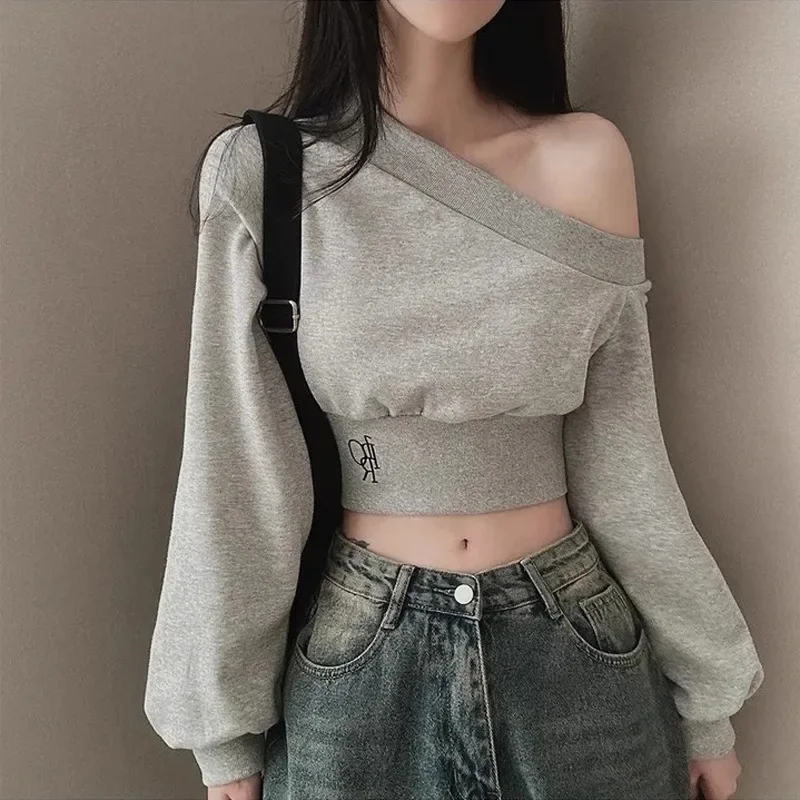 Women's Autumn Off-the-shoulder Sweatshirt Cropped Top Embroidery Loose-fit Windy Sweet Girl Hoodies Thin Material