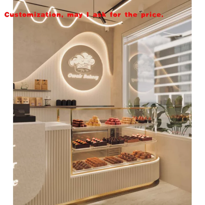 

custom.Customized Bakery Interior Design Modern Marble Countertop Wooden Coffee Display Counter Dessert Glass Cabinets