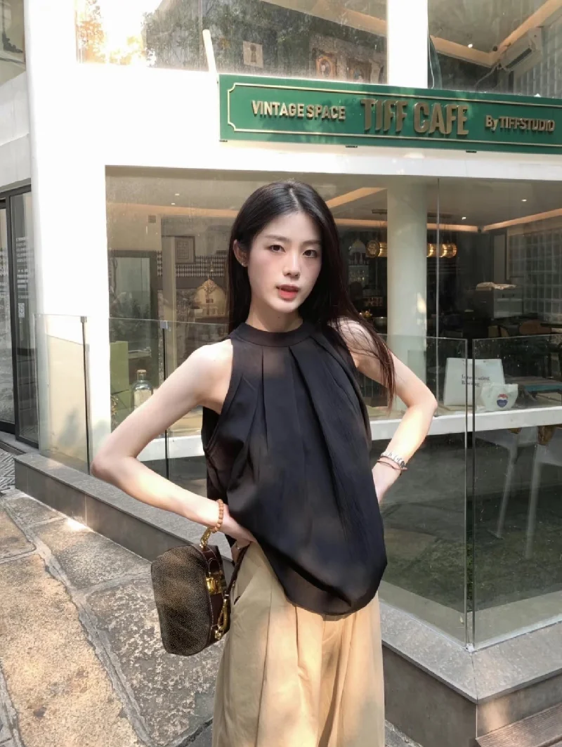 Blue Cool Off Shoulder Halter Shirt Women's Summer Shirt French Sleeveless Camisole Top