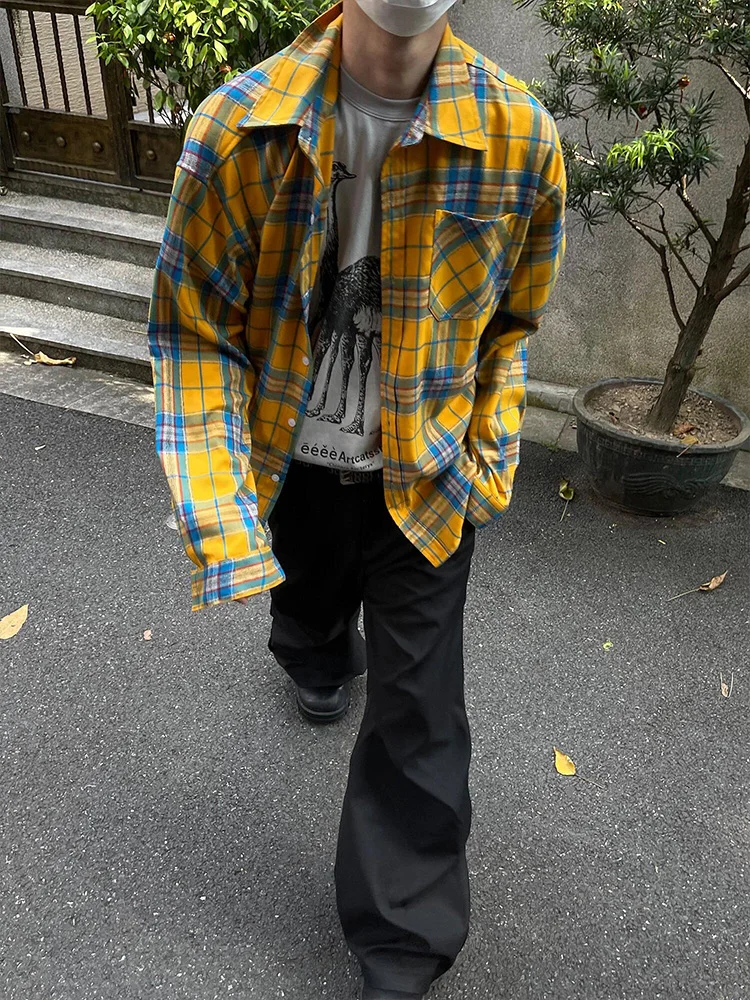 

Желтая клетчатая рубашка-куртка для мужчин, весенне-осенняя, универсальная, для повседневной носки, свободного кроя, с длинными рукавами, на пуговицах, для пар.