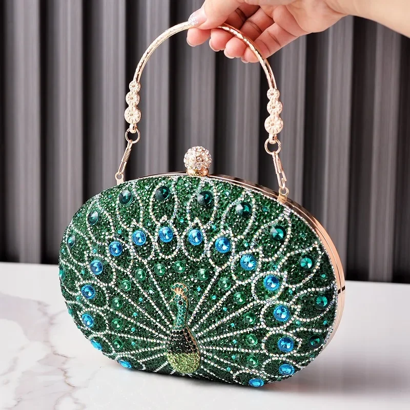 High-end Peacock Diamond Evening Hand Bags Retro Style Wedding Party Mother Clutch Bags Green Royal Blue Silver Bolso Mujer