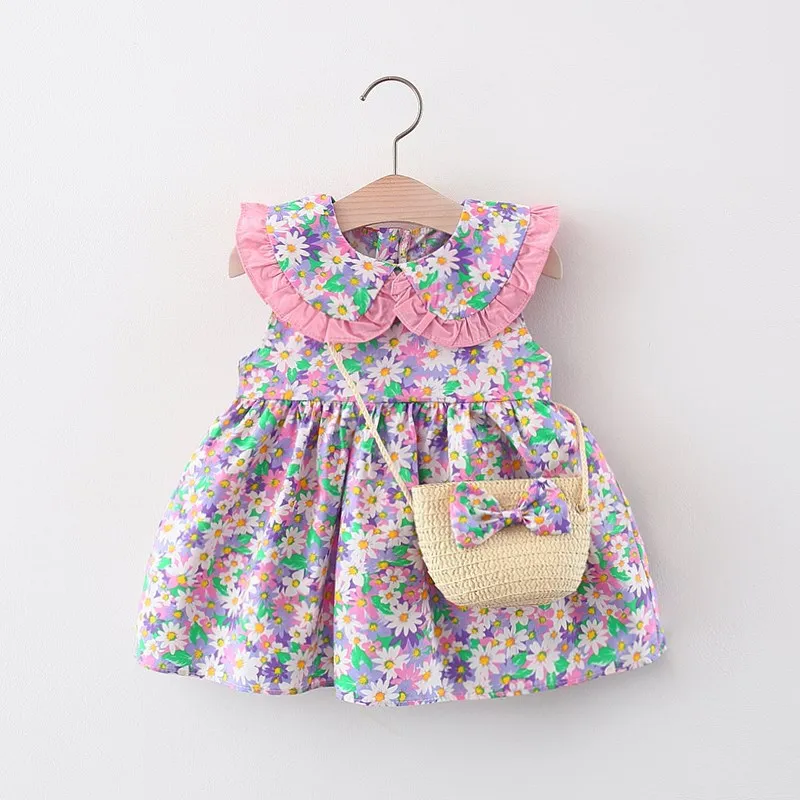 New In 2Piece Sets Summer Baby Girl Clothes Korean Cute Flowers Doll Collar Sleeveless Princess Dress+Bag Toddler Dresses BC014