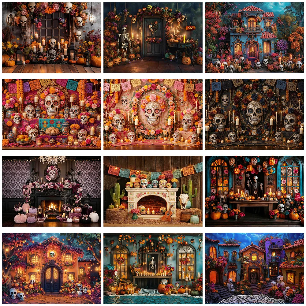 Day of the Dead Backdrop Mexican Dia De Los Muertos Skull Theme Portrait Photography Floral Fiesta Party Banner Background Props