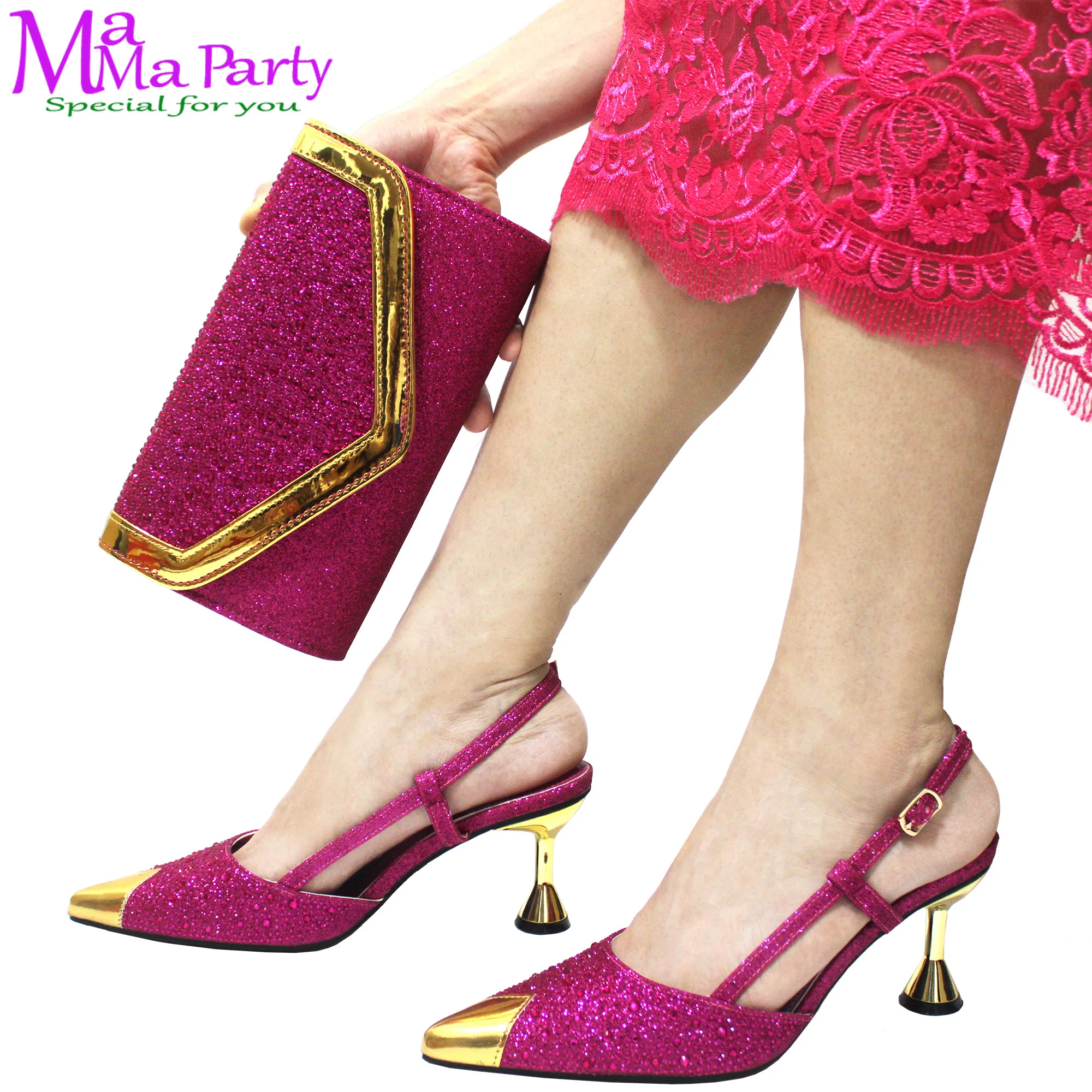 2024 Sexy Office Ladies Shoes and Bag Set High Quality New Design Pointed Toe with Crystal  Fuchsia Color for Party
