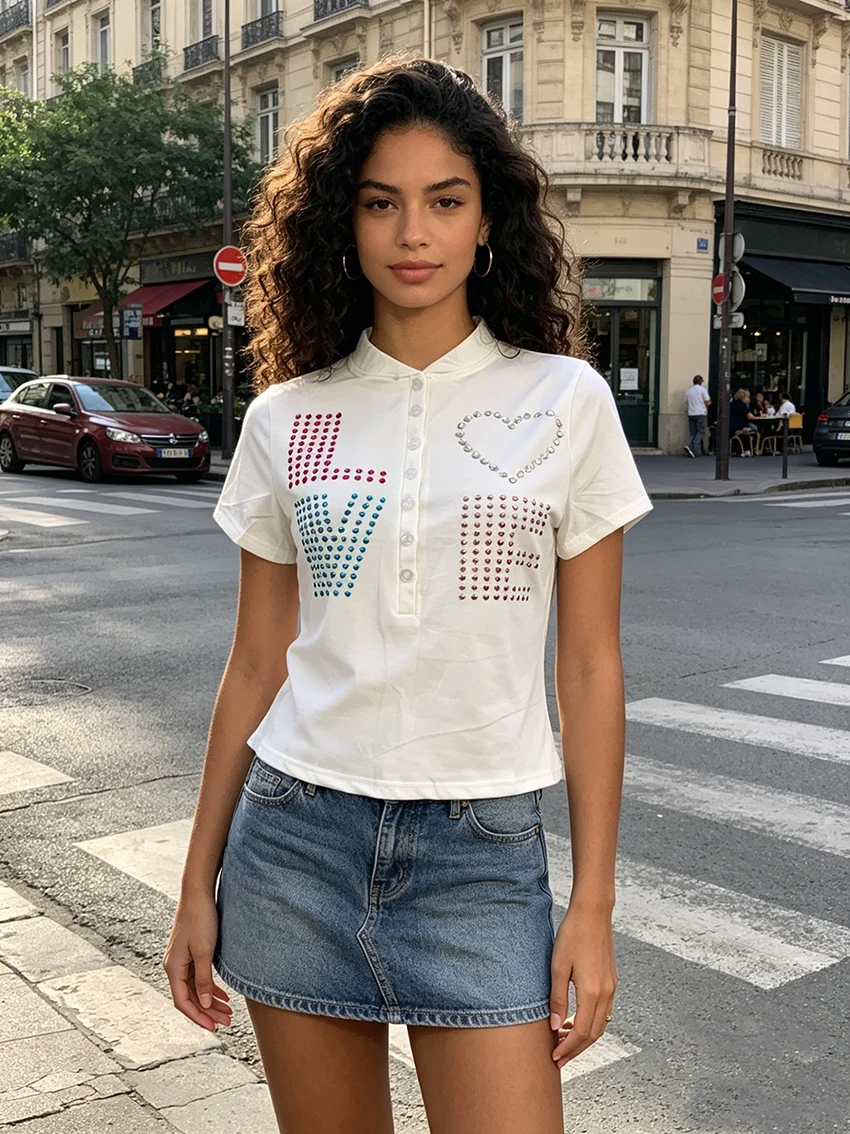Soft Fabric White Cropped Polo Shirts Women Multicolor Rhinestone LOVE & Heart Pattern Half Placket Short Sleeve Y2K Fitted Tops