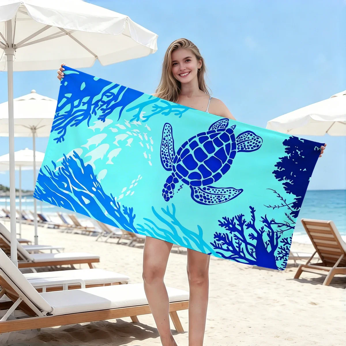 1pc turtle coral, seagrass beach towel, oversized absorbent, quick drying beach towel, beach chair - essential for swimming pool
