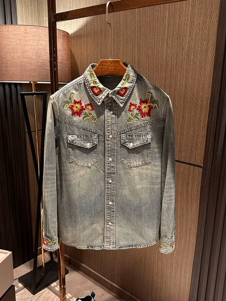 

Embroidered Long Sleeve Men's Denim Shirt High Quality Retro Style Spring Fashionable Versatile Cotton Polyester Blend