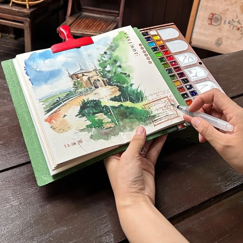 صندوق سحري صغير محمول للسفر بألوان مائية من الجلد مجموعة دفاتر ملاحظات فنية للطلاب في الهواء الطلق لوازم الرسم