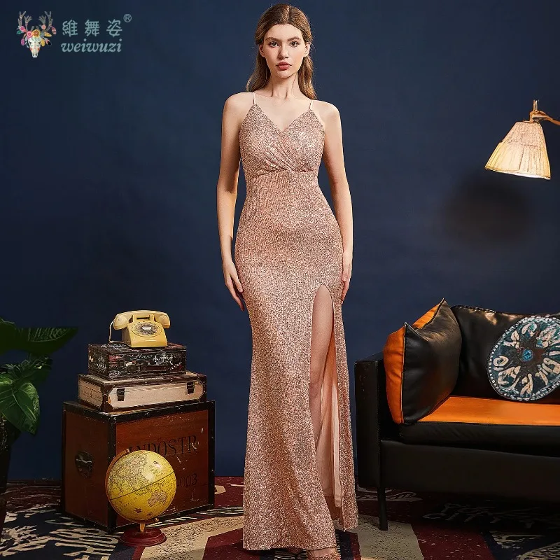 Glitzernde Pailletten-Spaghettiträger-Abendkleider für Damen, sexy Schlitz-Meerjungfrauenkleid, figurbetont, Burgundergrün, Weihnachtskleid für Weihnachten