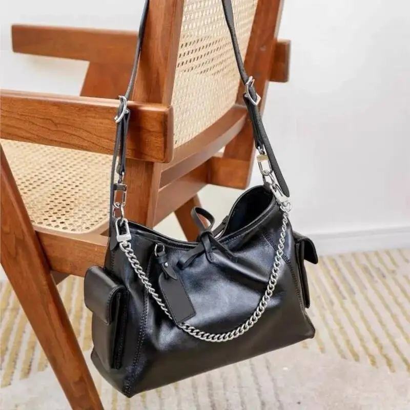 Black Tied Chain Tote Women Leather Large Capacity Ing Shoulder Ladies Retro Sle Commute Casual Crossbody Bag 2025