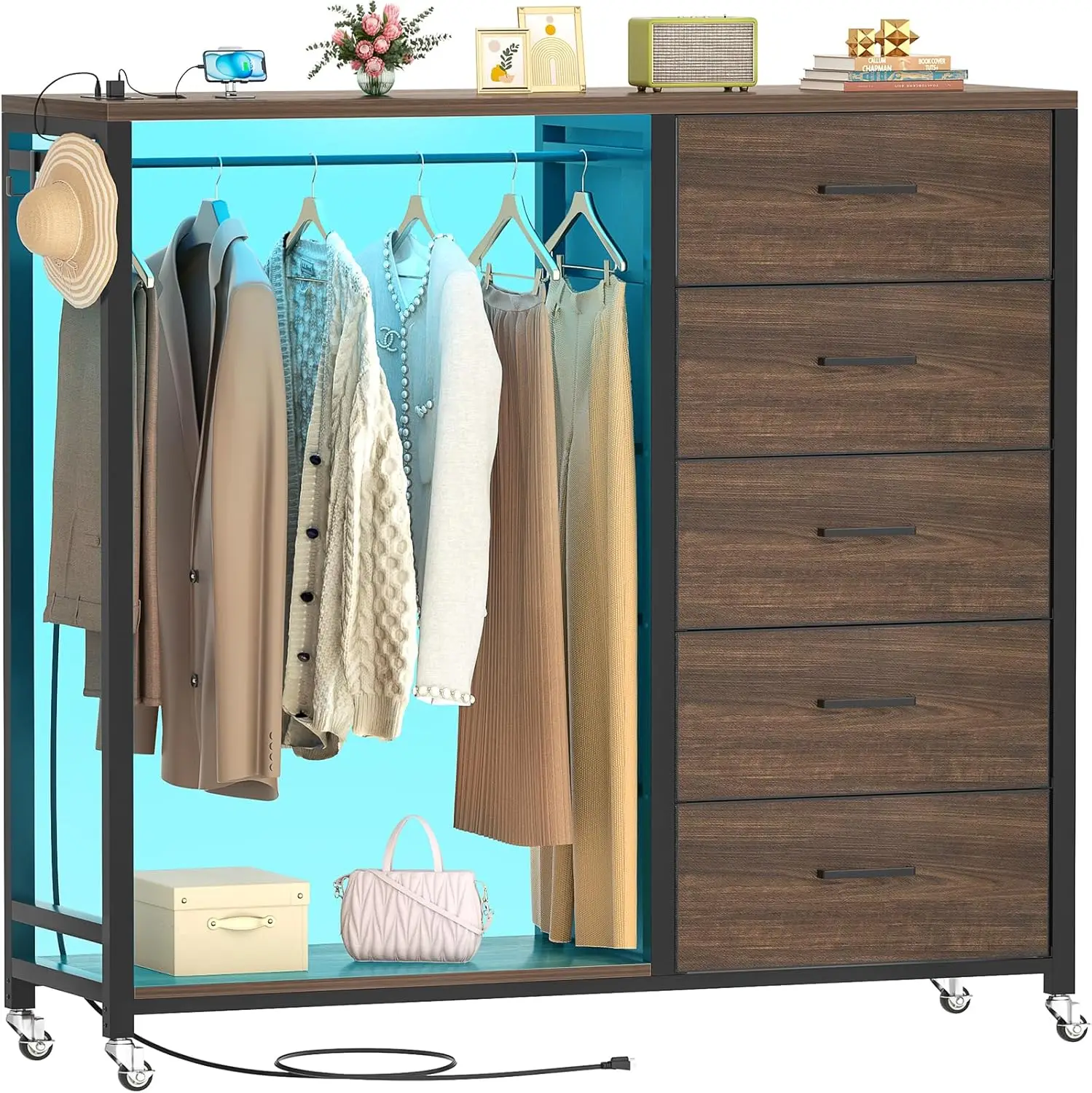 5-Drawer Dresser with Hanging Rack, Wooden Top Storage Chest, Charging Station & LED Lights, Lockable Wheels for Closet