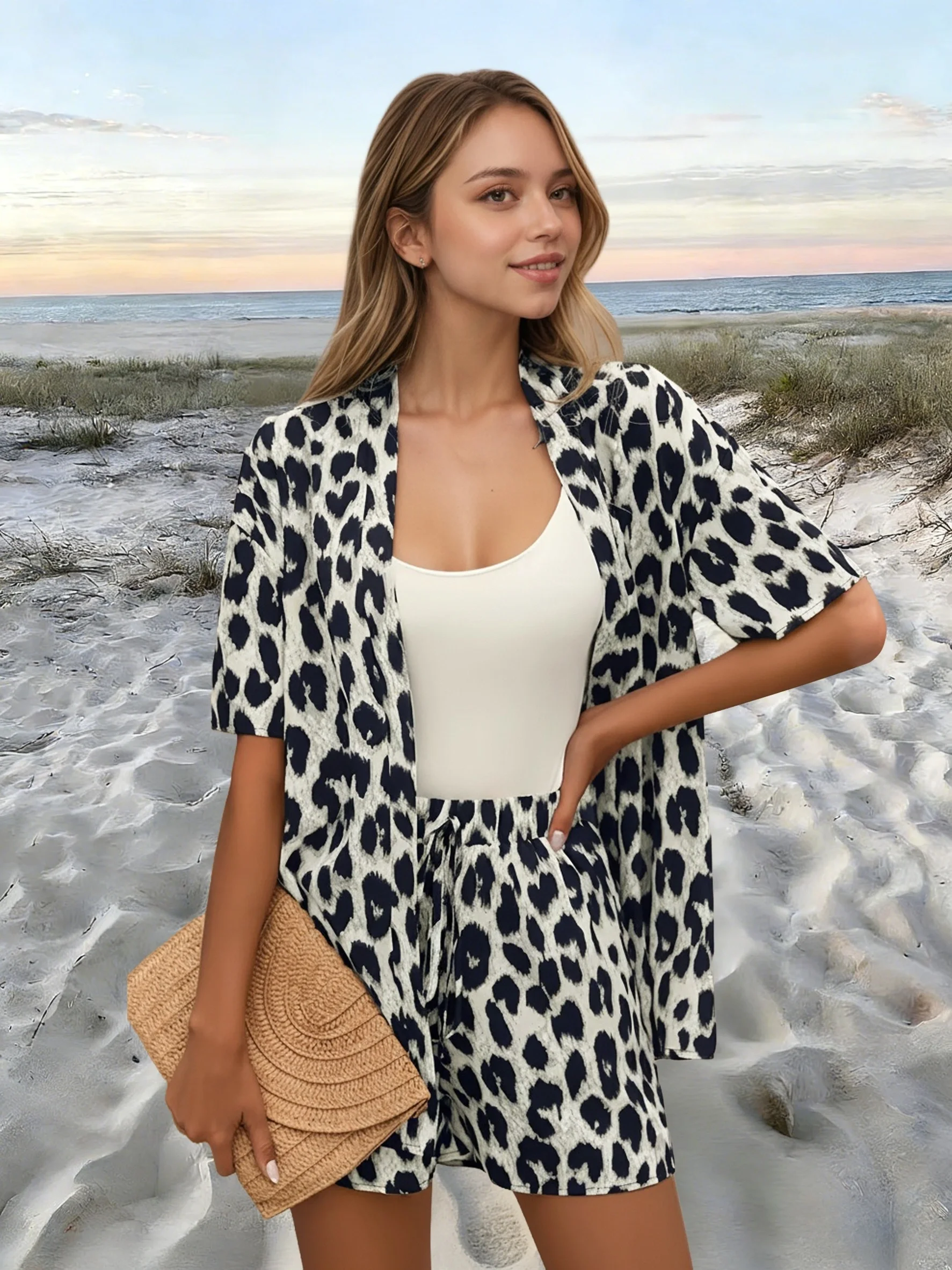 Fashionable Printed Casual Set, Short-Sleeved Cardigan and Drawstring Shorts Two-Piece Set (Excluding Suspenders)