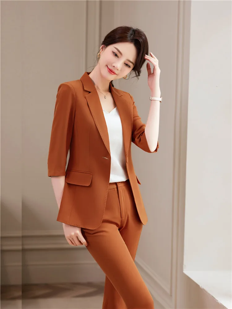 Women\'s Office Suit Blazer Pantsuit Simple Solid Color Suit Collar Blue Half Sleeve Top Flare Trousers Fashion 2 Piece Set