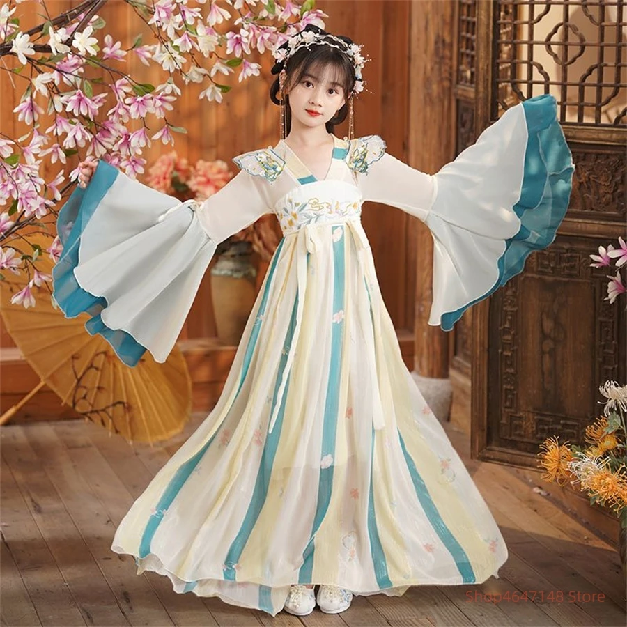 Robe de danse folklorique traditionnelle chinoise pour filles, costume de danse rose nickel é, ensemble de robes de princesse pour filles, vêtements de cosplay de fête pour enfants, Hanfu