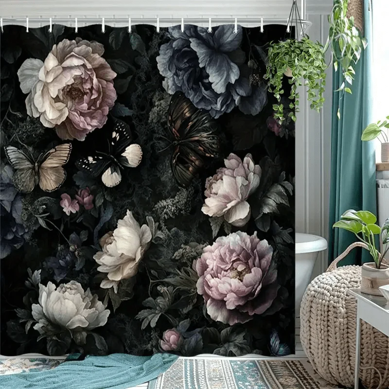 

Темная занавеска для душа с цветочным принтом, черный фон, пионы, бабочки, готический дизайн, водонепроницаемая ткань, элегантный декор для ванной комнаты