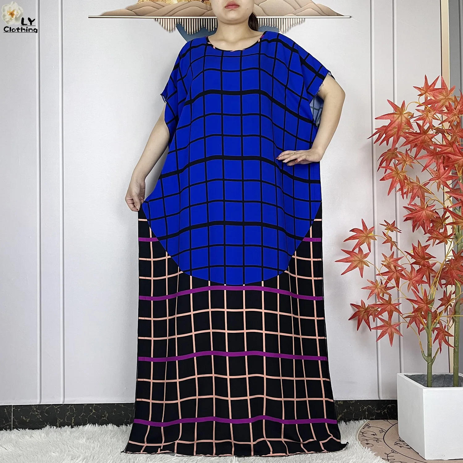 New Summer African Abaya Cotton Dress With Big Scarf Casual Loose Printing Floral Boubou Maxi Women Short Sleeve islamic Clothes