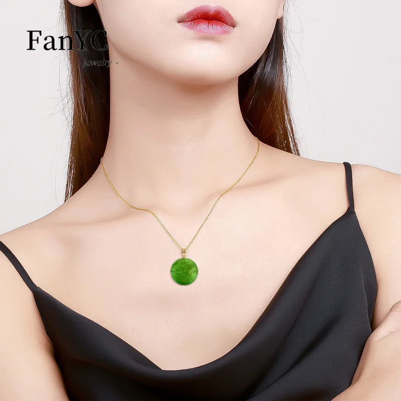 Natural Hotan Jade Spinach Green Round Plaque Amulet Pendant 18K Gold Exquisite Fashion Jasper Necklace Ladies Gift