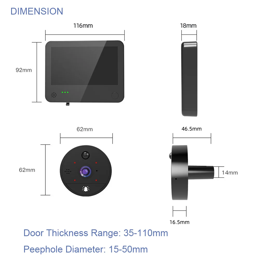 4.3 Polegada 2mp 1080p s82 tuya app wi fi sem fio campainha ir visão noturna detecção de movimento telefone da porta vídeo visual porta espectador