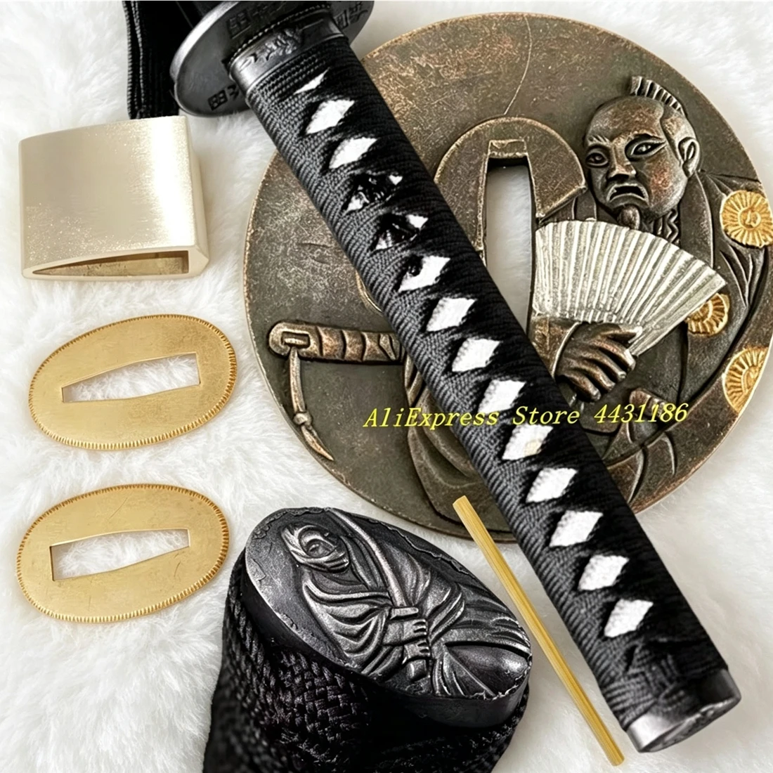 Kit de Acessórios Vintage para Katana Samurai: Tsuba, Guarda, Fuchi, Kashira, Ito Wrap Preto, Tsuka e Acessórios DIY para Substituição de Lâmina