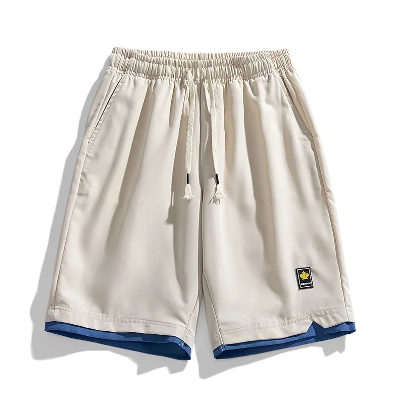 Men Double Layer Hem Casual Shorts Elastic Drawstring Waist Maple Leaf Patch Loose Summer Beach Sports Bermuda Shorts