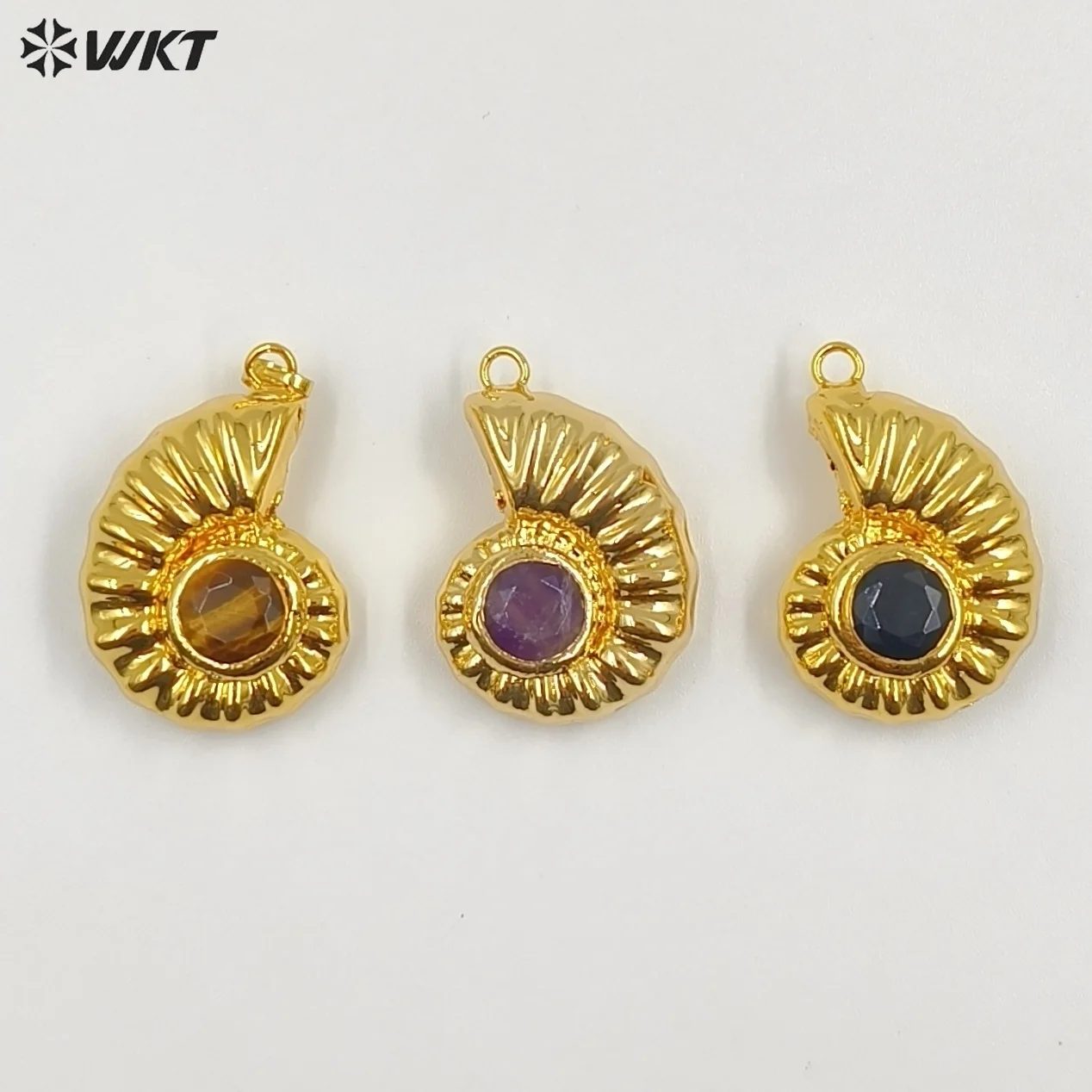 

WT-P2056 Special Snail Shell Shape Silver&Yellow Brass With Gemstone Paved Pendants For Necklace Accessory Making