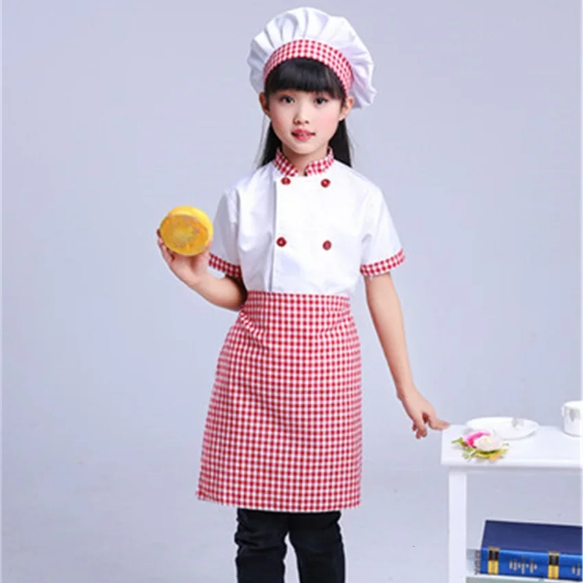 Kids Chef kurtki kuchenne Roleplay Uniform Cook Hat restauracja Cosplay kostiumy Halloween dzieci kelner kelnerka zestawy ubrań