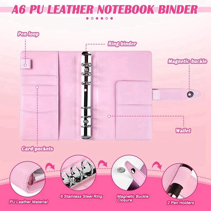 Budget Binder A6 PU Ringband Notitieboekje met doorzichtige geldenveloppen, Geldorganisator Geldbesparende portefeuilles voor op reis