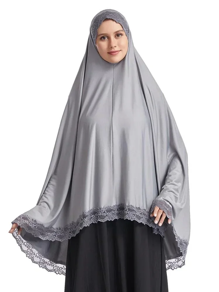 Women Muslim Prayer Long Khimar Lace Trim Islamic Veil Headcover Dubai Saudis Turkey Arabic Clothing Hijab Headdress Eid Ramadan