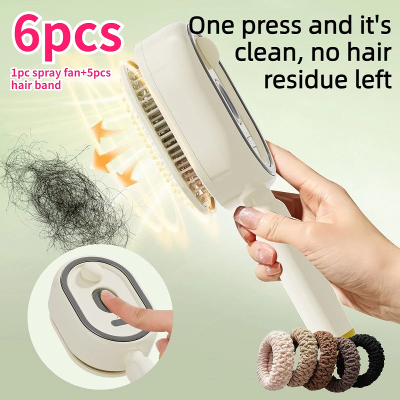 6Pcs Set:1 Spray Massage Comb+5 Hair Bands,Electric Scalp Comb with Spray,Anti-static,Self-cleaning,Home Travel,3 Colors,Unisex