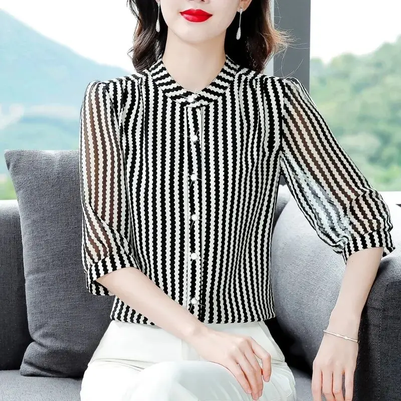 2024 New Women\'s Summer Fashion Simplicity Slim Versatile Long Sleeve Commuter Crew Neck Button 3/4 Sleeve Printed Shirt Tops