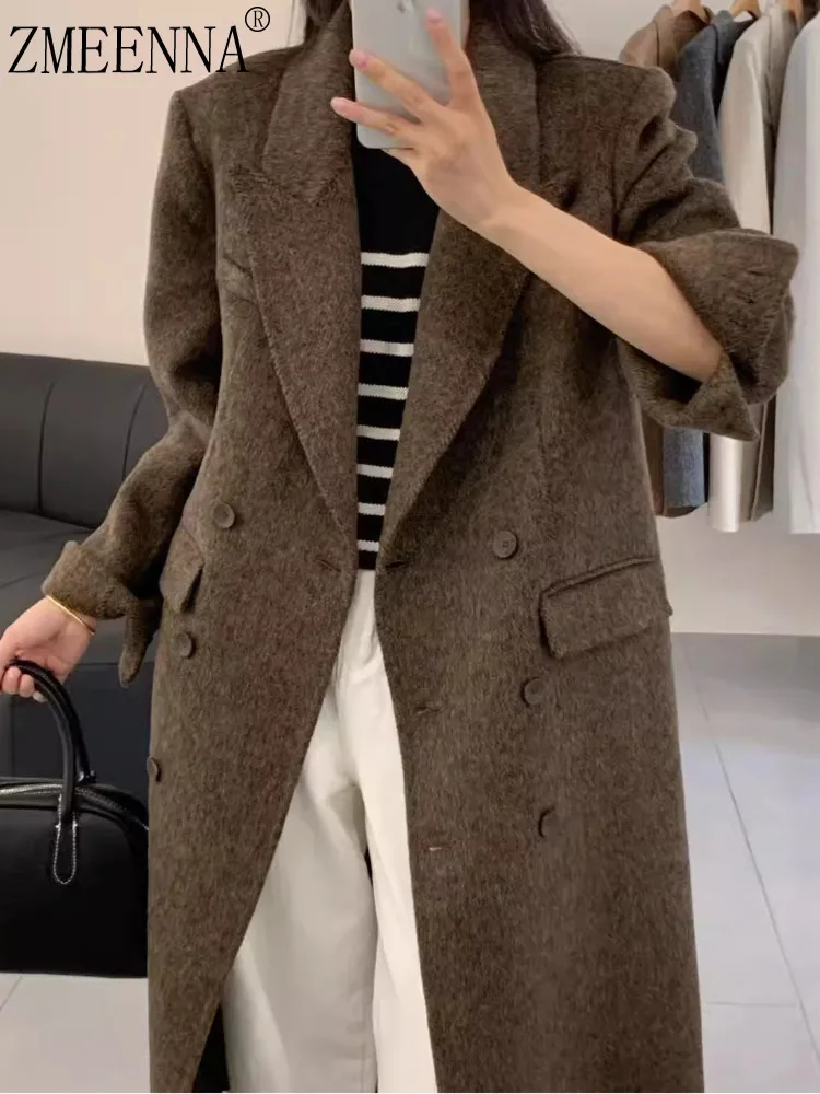 

ZMEENNA Classic Women's Brown Wool Blend Double Breasted Long Coat With Notched Lapel And Pockets Warm Outerwear ZM3511