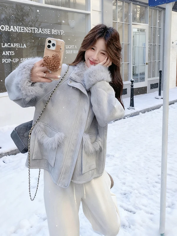   Lamsvachtjas voor dames, gevoerd met leer en bont, herfst-winter nieuw model, maat S...