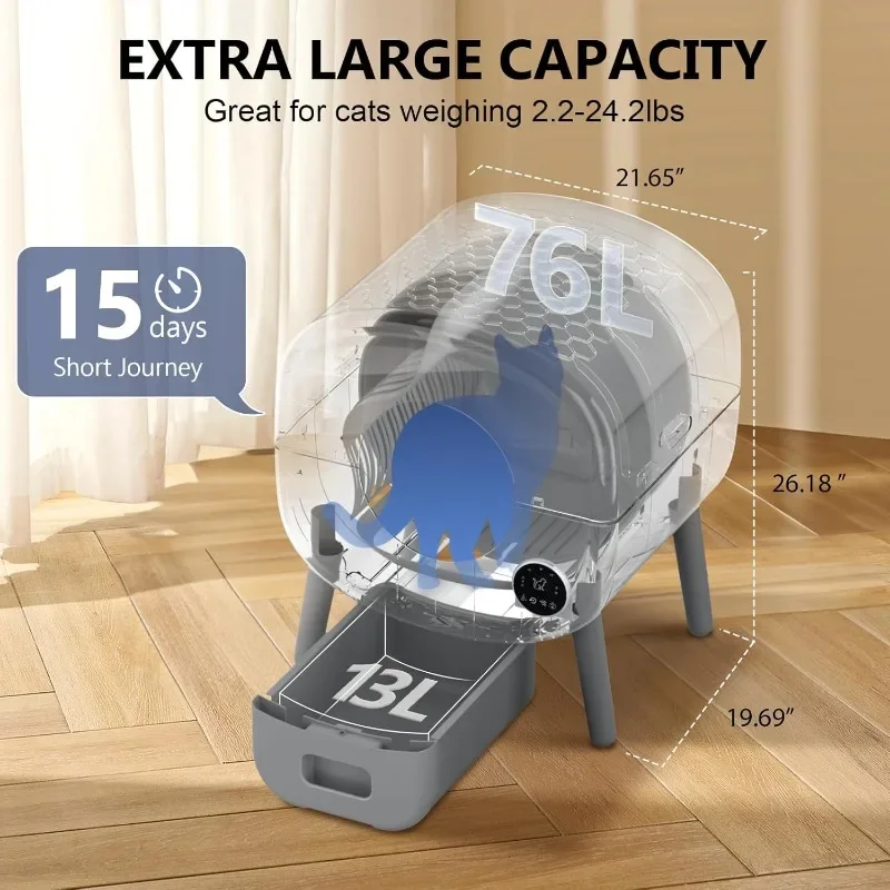 Self-Cleaning Cat Litter Box, Large Capacity, Accommodates Multiple Cats, Deodorizing, Safeguard, 2 Roll Liner Bags