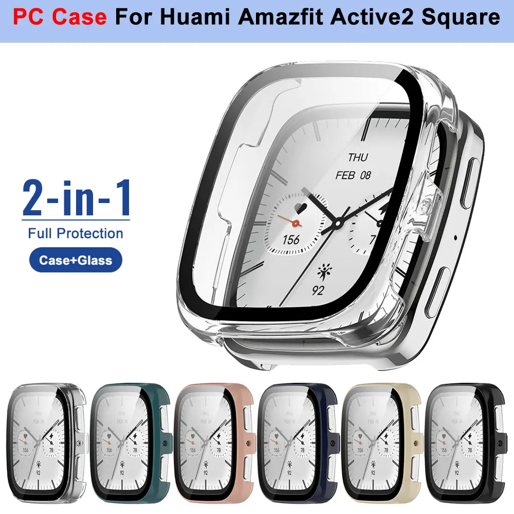 For Huami Amazfit Active 2 Square PC Watch Case Anti-scratch Film Bumper Tempered Glass Screen Protector Cover Cases