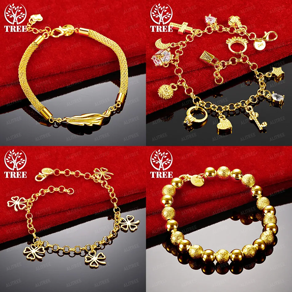 

18k Gold Round Reticular Chain Four-Leaf Clover Beads Star Moon Bracelet For Women Birthday Party Fine Gift Lady Fashion Jewelry
